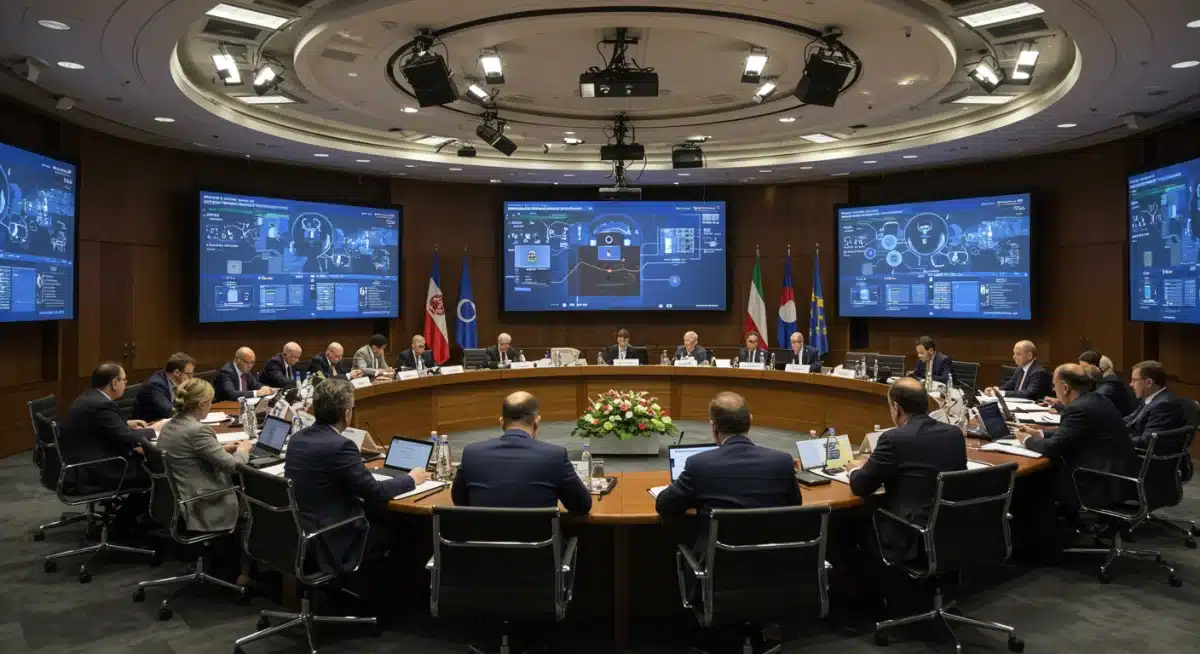 Diplomats and tech experts discussing international internet policy and cybersecurity