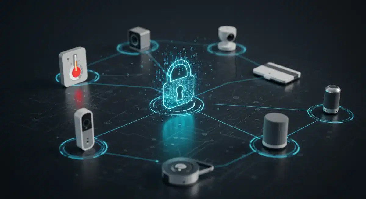 Digital padlock icon securing a network of smart home IoT devices, symbolizing robust cybersecurity.