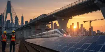 Workers constructing a modern bridge, symbolizing the future of infrastructure projects and economic development.