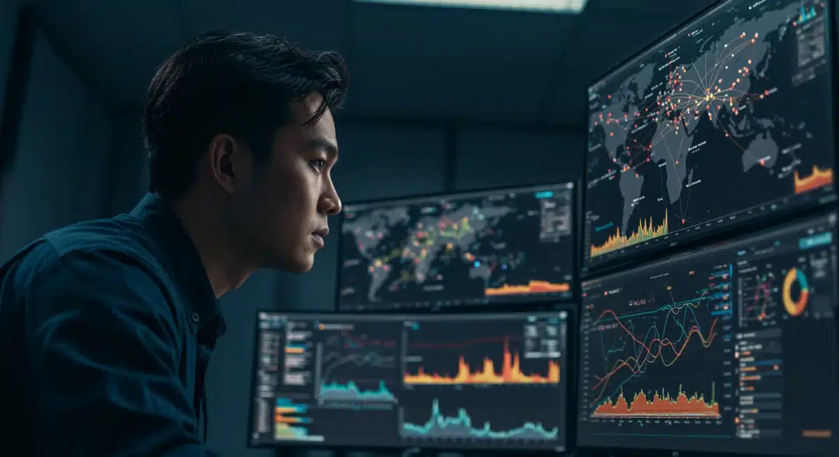 Technician monitoring global network security dashboard in a data center.