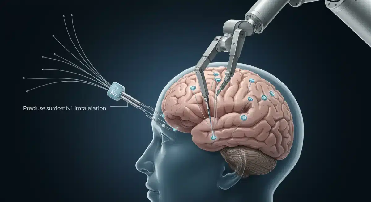 Neuralink N1 Link device and R1 robot performing implantation
