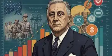 The Economic Impact of the New Deal: Lessons for 2025 US Economy Franklin D. Roosevelt with modern economic data representing New Deal's impact on 2025 US economy