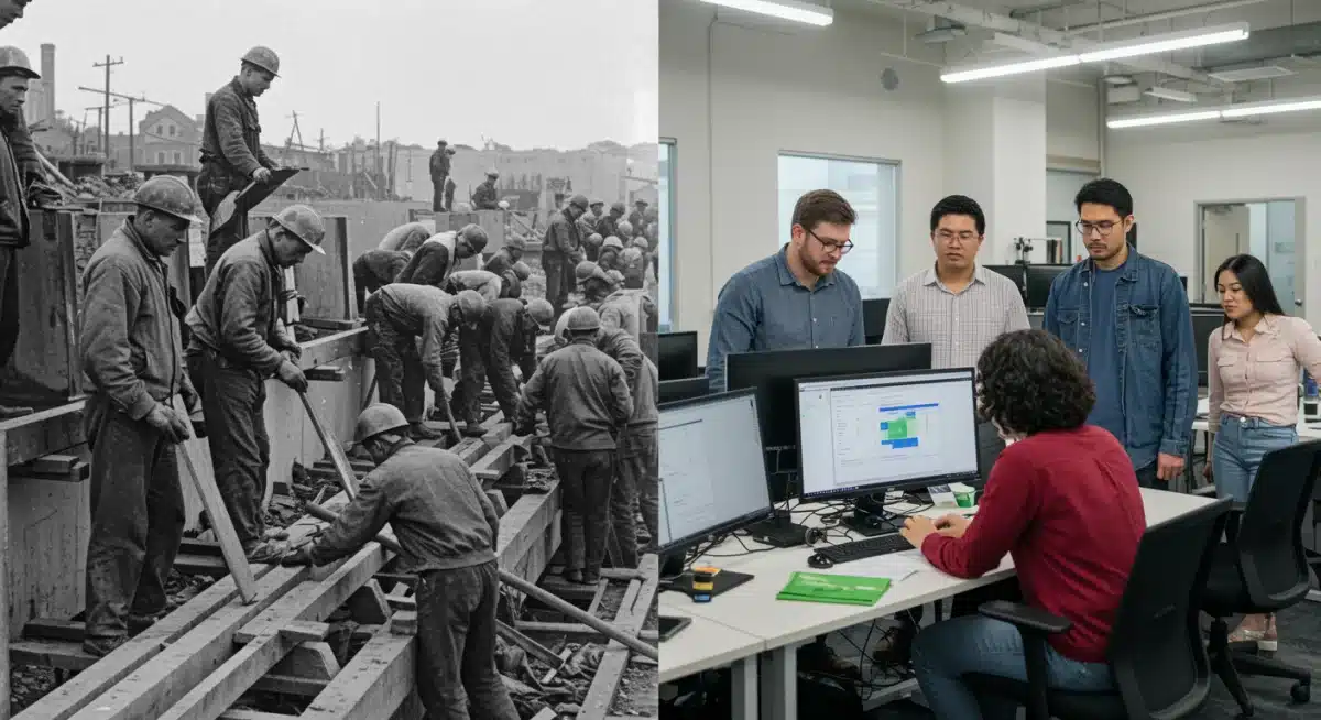 Historical New Deal public works alongside modern US economic activity, showing policy evolution