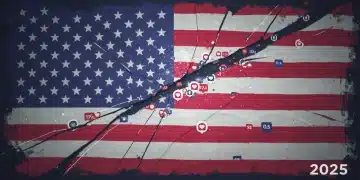 Fragmented American flag with social media icons, representing political polarization in 2025
