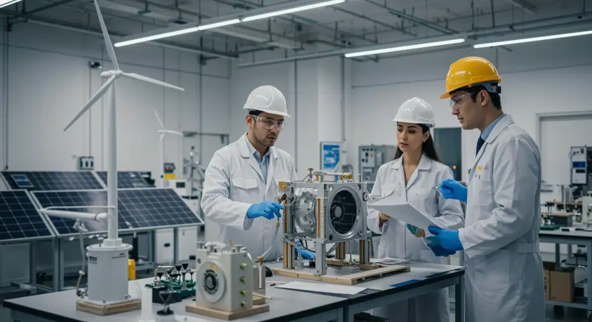 Engineers working on renewable energy prototype in lab.