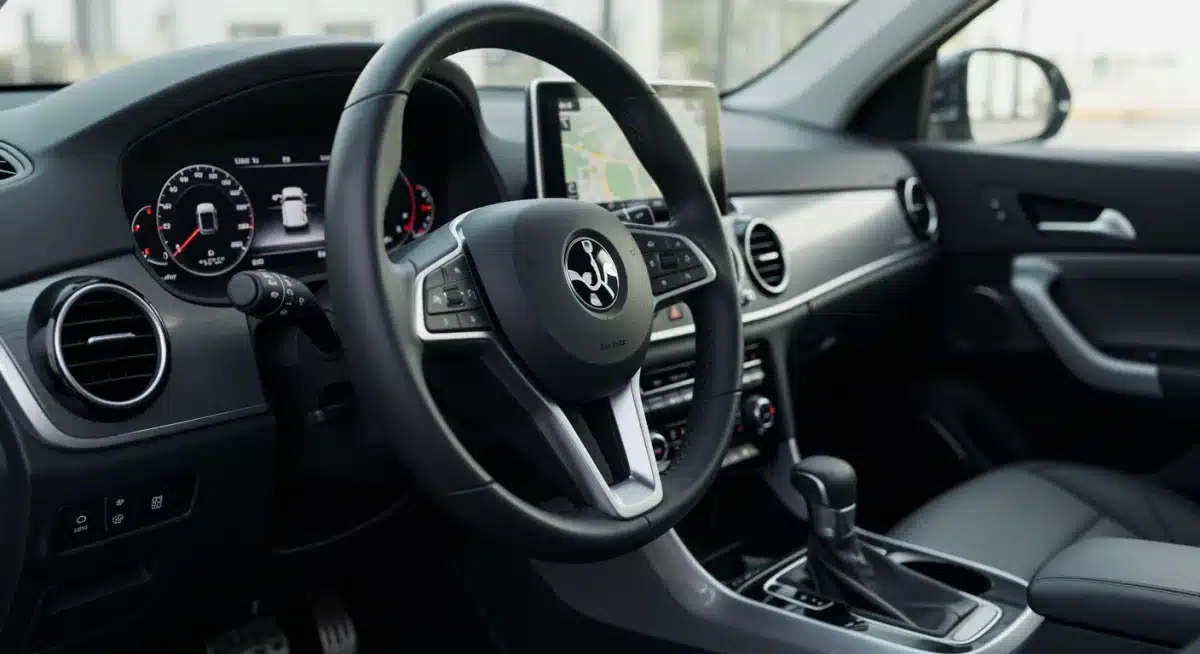 Retracting steering wheel in a modern autonomous vehicle, illustrating the shift to self-driving technology.