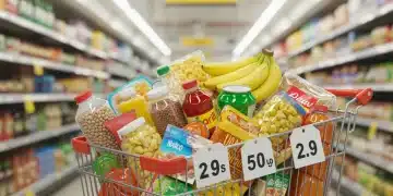 Overflowing grocery cart with rising food prices