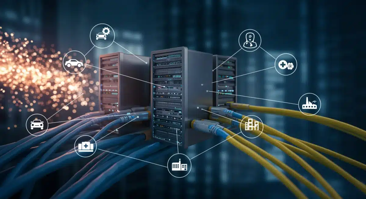 Secure data network infrastructure with interconnected servers and fiber optic cables, illustrating enhanced digital interconnectivity.