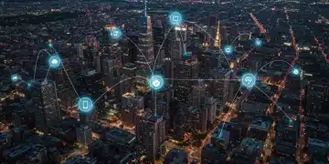 Smart Cities Tomorrow: IoT Infrastructure Expansion in US Urban Centers Futuristic smart city skyline with integrated IoT network
