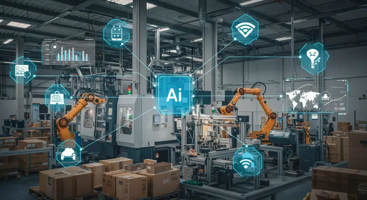Smart factory with IoT sensors and AI dashboard optimizing production for export