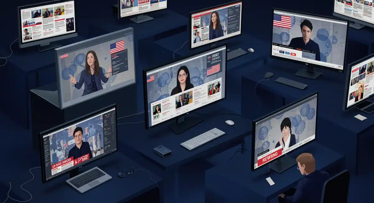 Digital echo chamber showing individuals isolated by social media news feeds, reinforcing beliefs