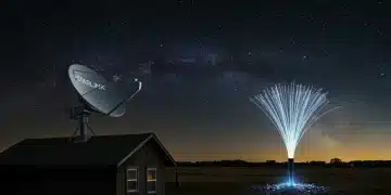 Starlink dish on rural roof contrasting with fiber optic cable for 2025 internet comparison.