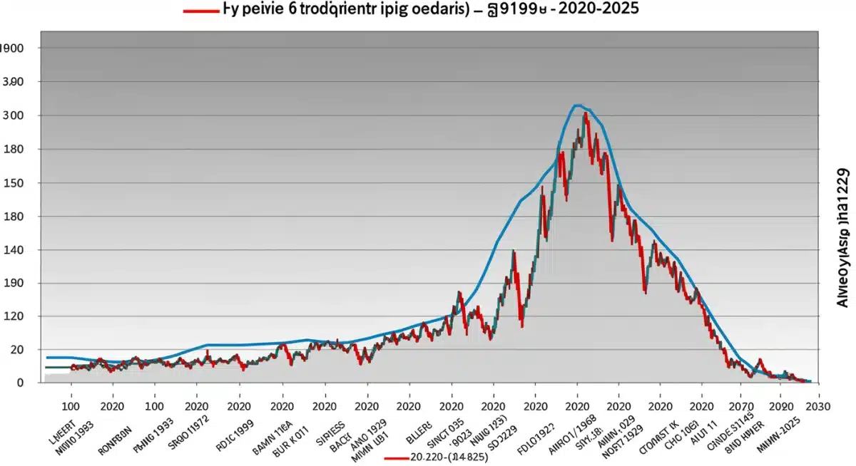 Historical stock market graph comparing 1920s to 2020s, illustrating growth and decline patterns