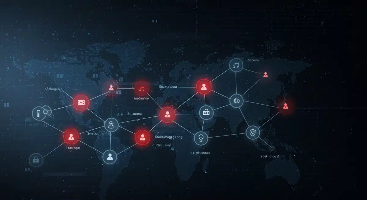 Complex digital supply chain showing vulnerable points, illustrating a cybersecurity threat.