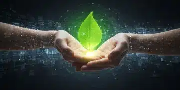 Hands holding glowing green leaf, sustainable technology innovation.