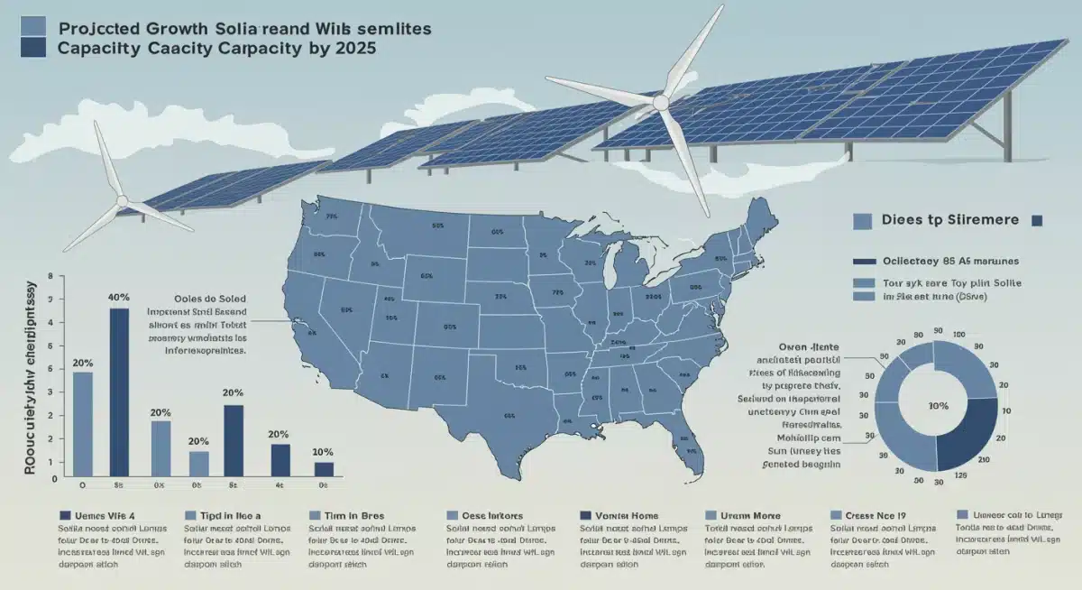 Infographic showing projected US solar and wind energy growth by 2025 with regional data.