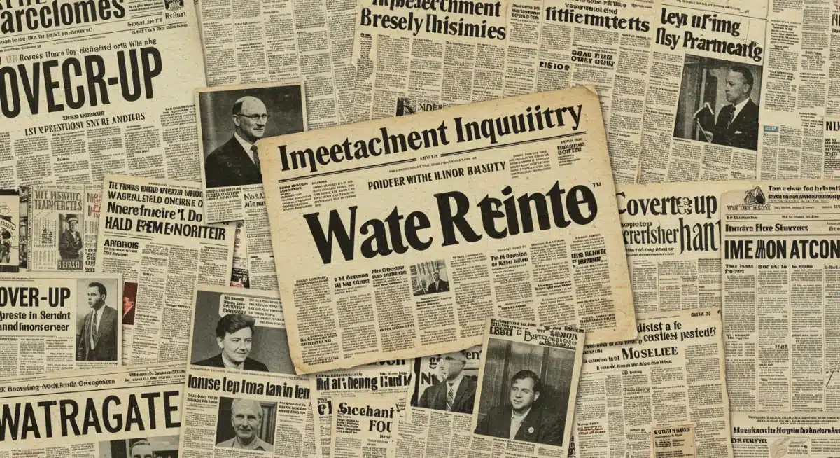 Historical newspaper headlines detailing the Watergate scandal and its immediate aftermath