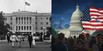 Watergate Scandal's Impact on US Political Trust in 2025 Historical Watergate Hotel juxtaposed with modern US political distrust in 2025